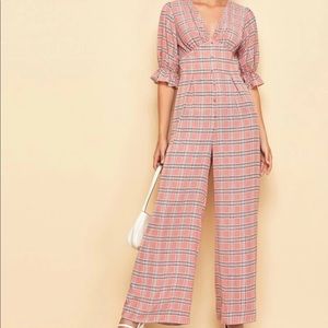 V Neck Flounce Sleeve Plaid Palazzo Jumpsuit